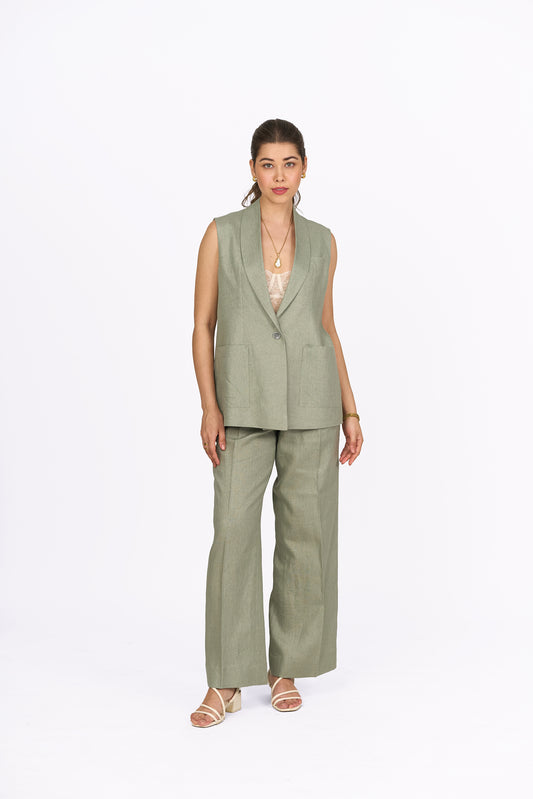 Sage Green Pleated Linen Trousers