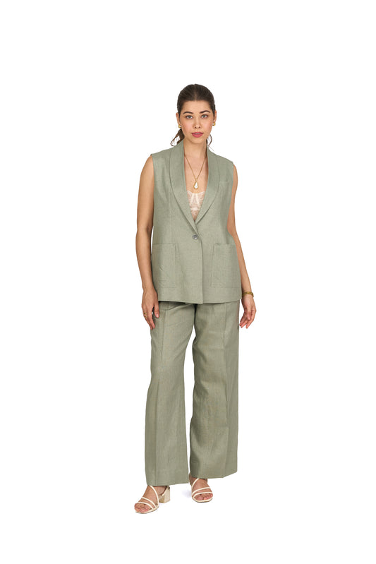 Sage Green Shawl Lapel Linen Vest
