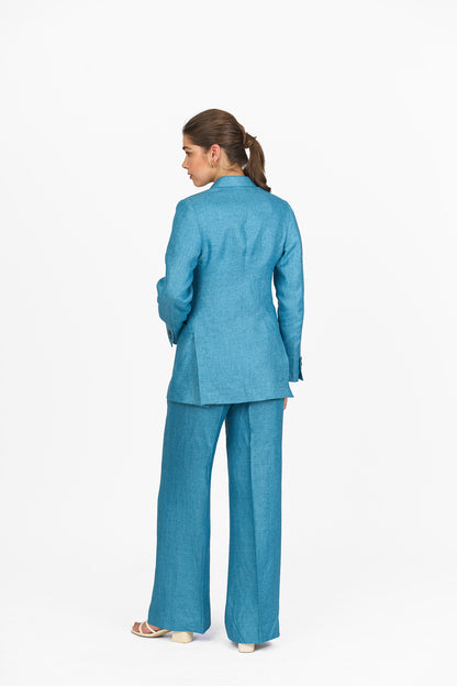 Aqua Blue Peak Lapel Double-Breasted Linen Blazer