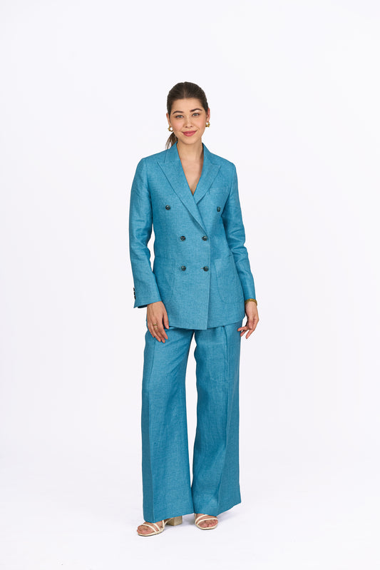 Aqua Blue High Waisted Straight Linen Trousers