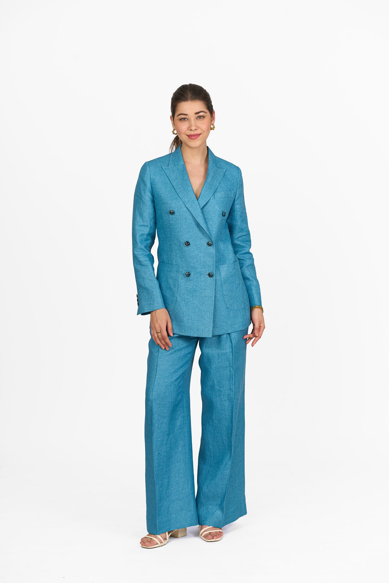 Aqua Blue Peak Lapel Double-Breasted Linen Blazer