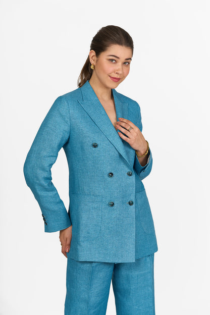 Aqua Blue Peak Lapel Double-Breasted Linen Blazer