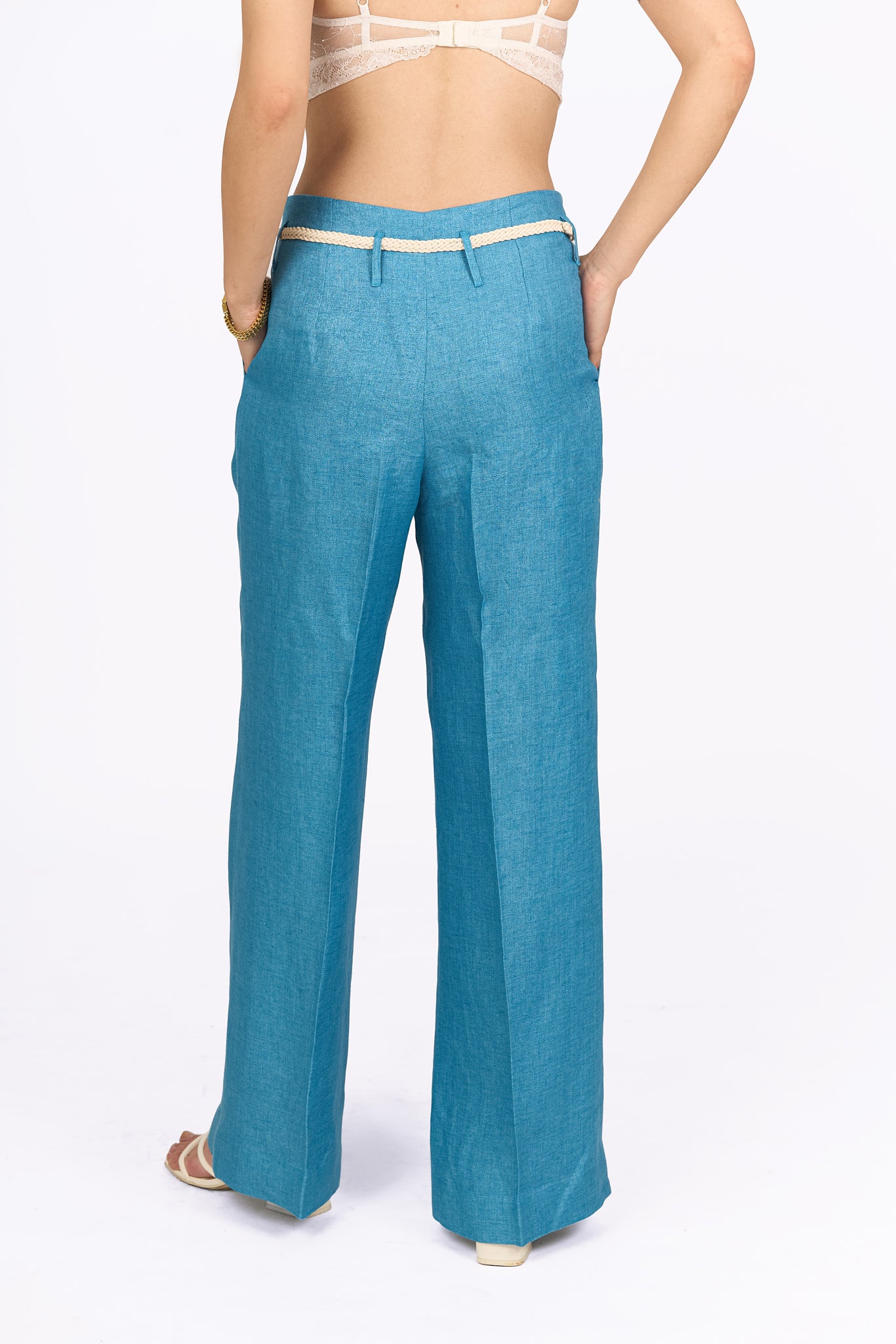 Aqua Blue High Waisted Straight Linen Trousers