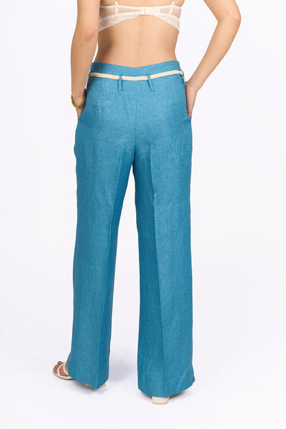 Aqua Blue High Waisted Straight Linen Trousers