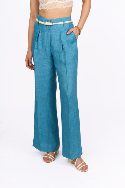 Aqua Blue High Waisted Straight Linen Trousers