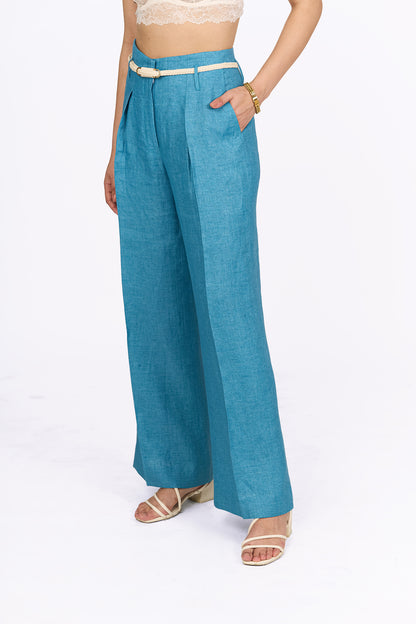 Aqua Blue High Waisted Straight Linen Trousers