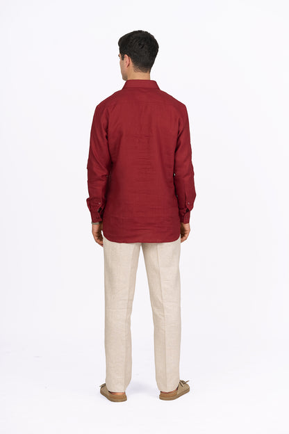 Carmine Red Linen V Neck Shirt