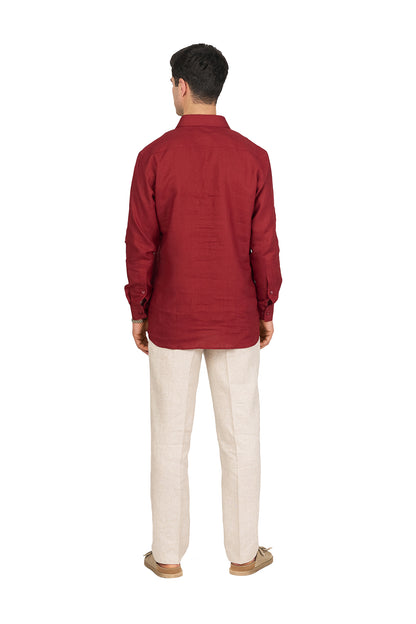 Carmine Red Linen V Neck Shirt