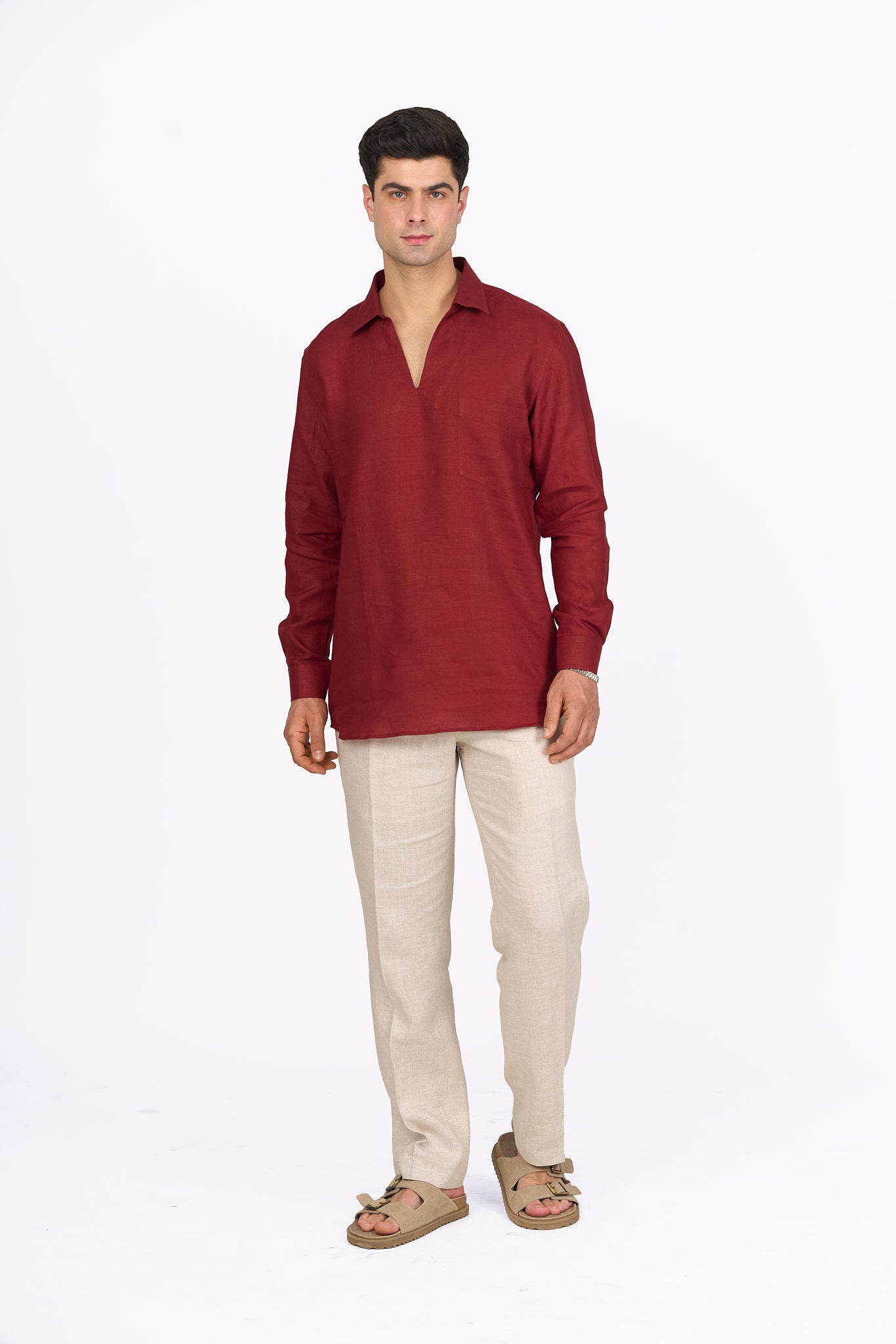 Carmine Red Linen V Neck Shirt