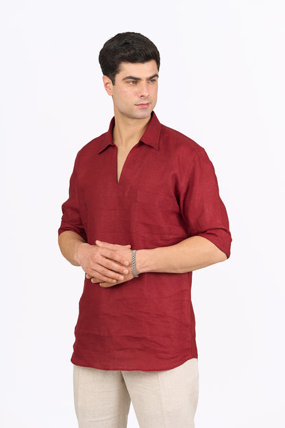 Carmine Red Linen V Neck Shirt