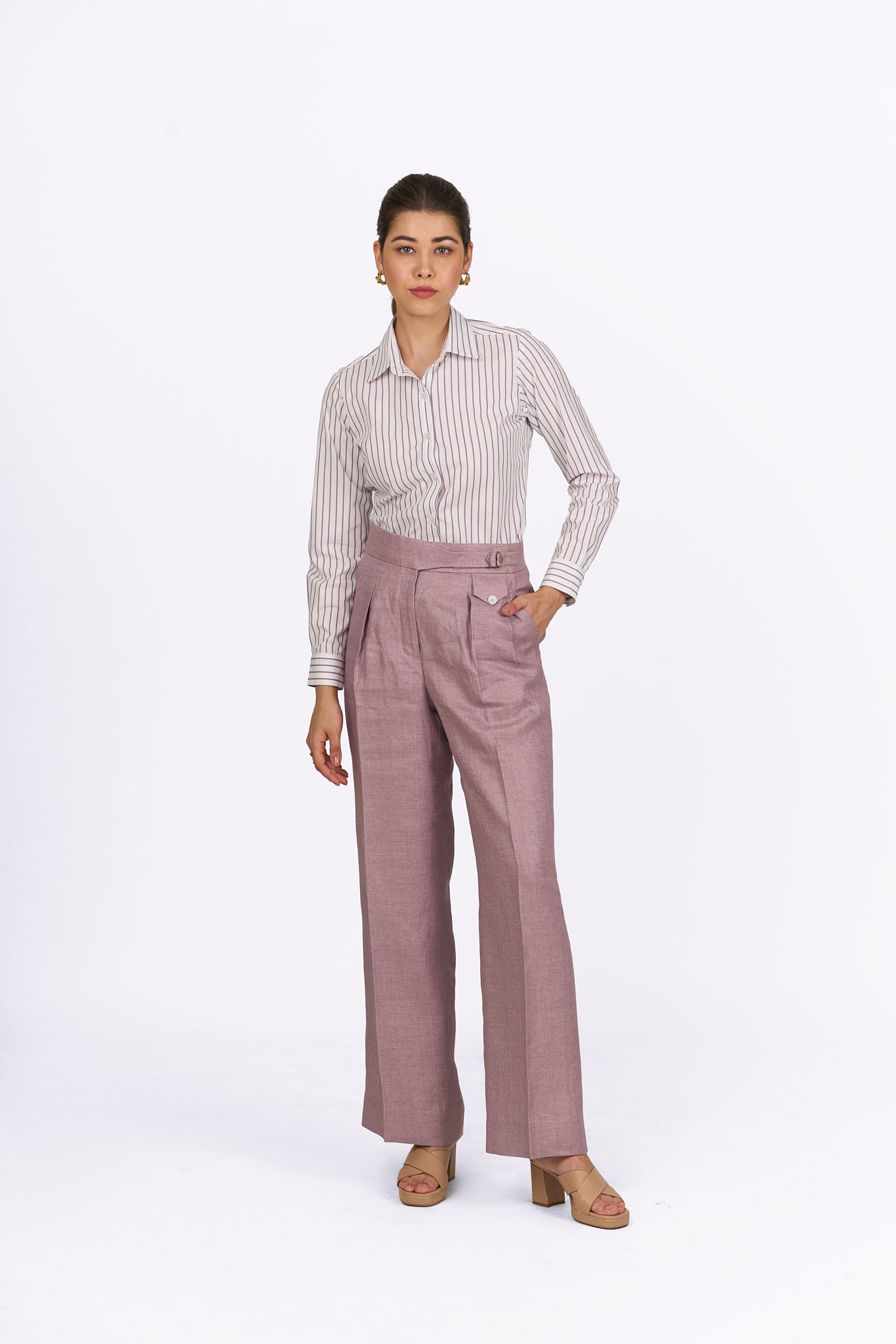 Dusty Mauve High Waisted Straight Linen Trousers