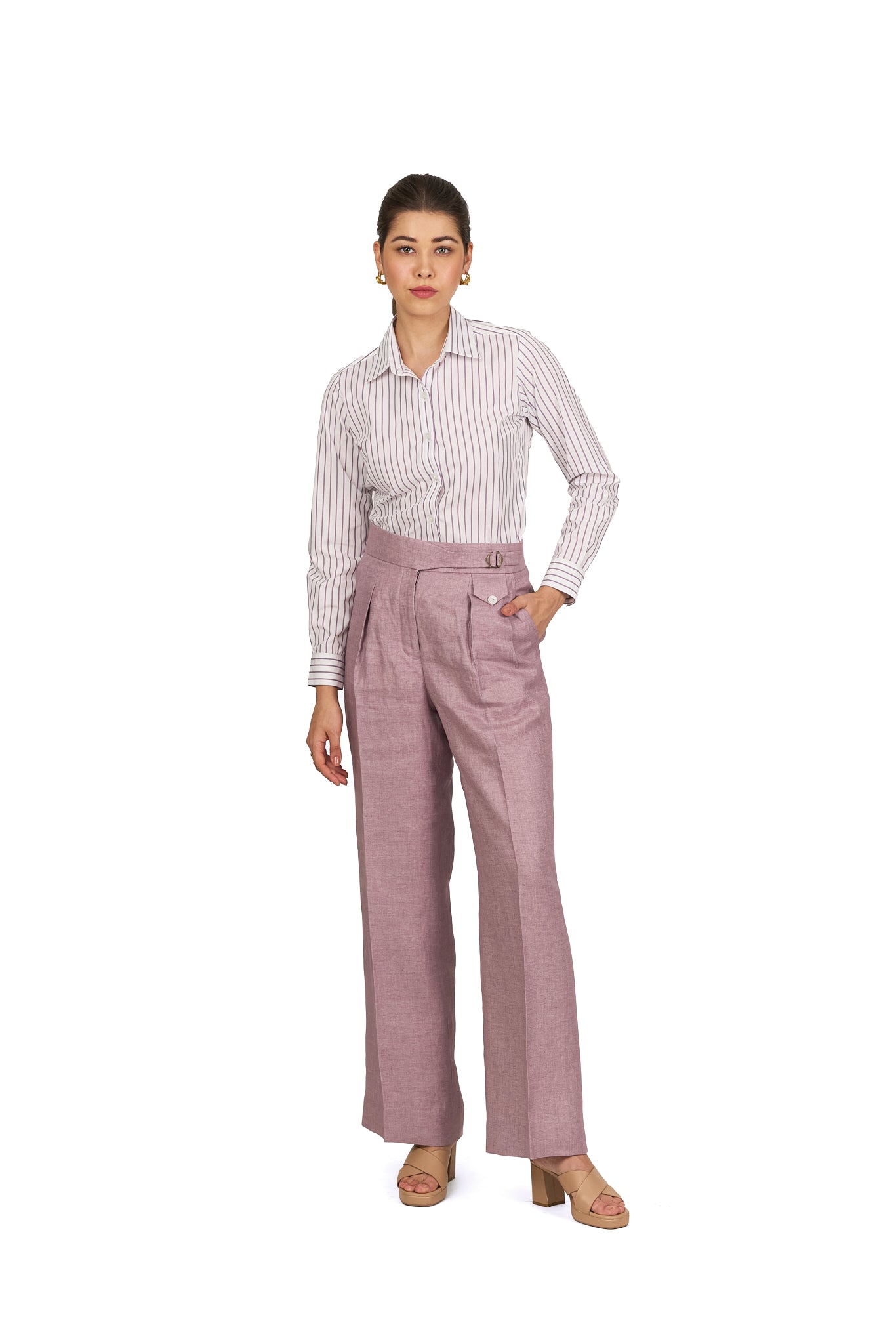 Dusty Mauve High Waisted Straight Linen Trousers
