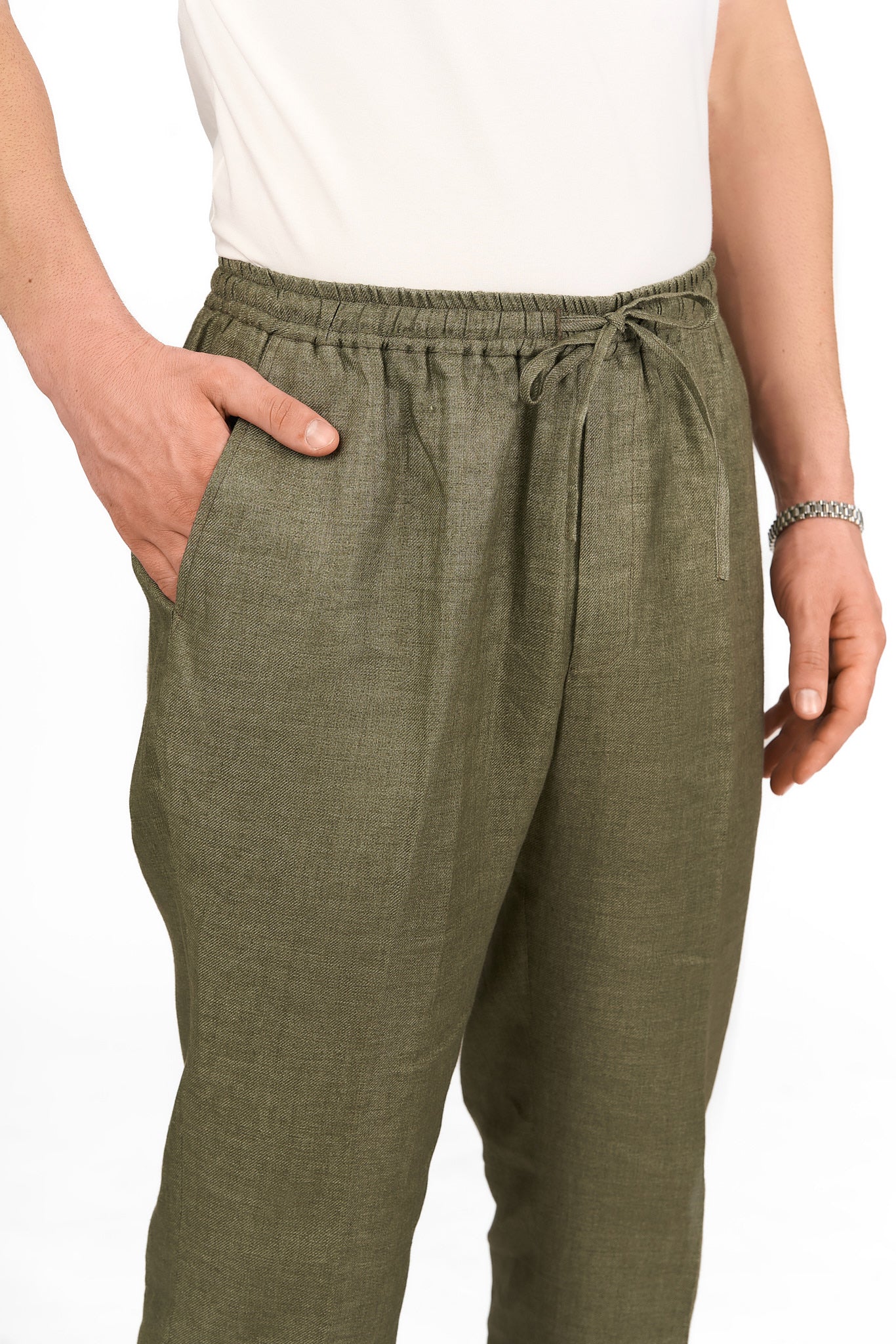 Olive Linen Drawstring Trousers