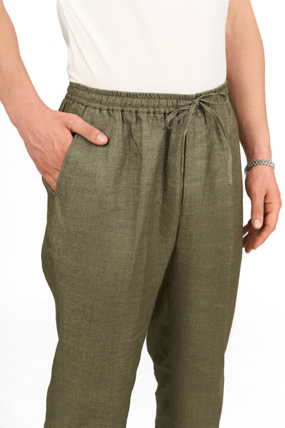 Olive Linen Drawstring Trousers