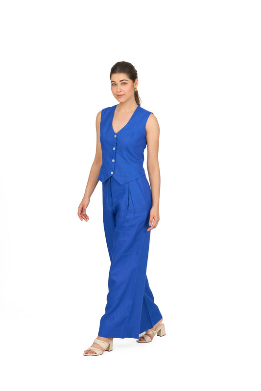 Cobalt Blue V Neck Linen Waistcoat