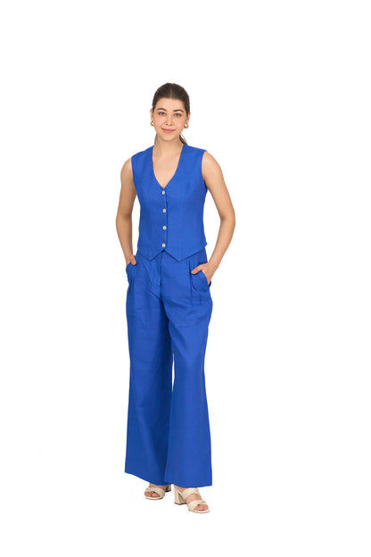 Cobalt Blue High Waisted Straight Linen Trousers