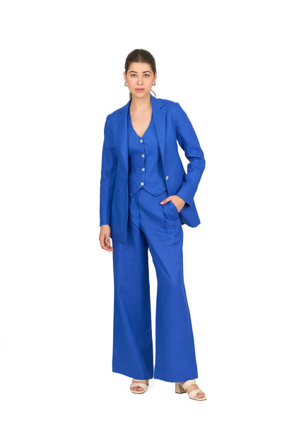 Cobalt Blue Notch Lapel Single Button Linen Blazer