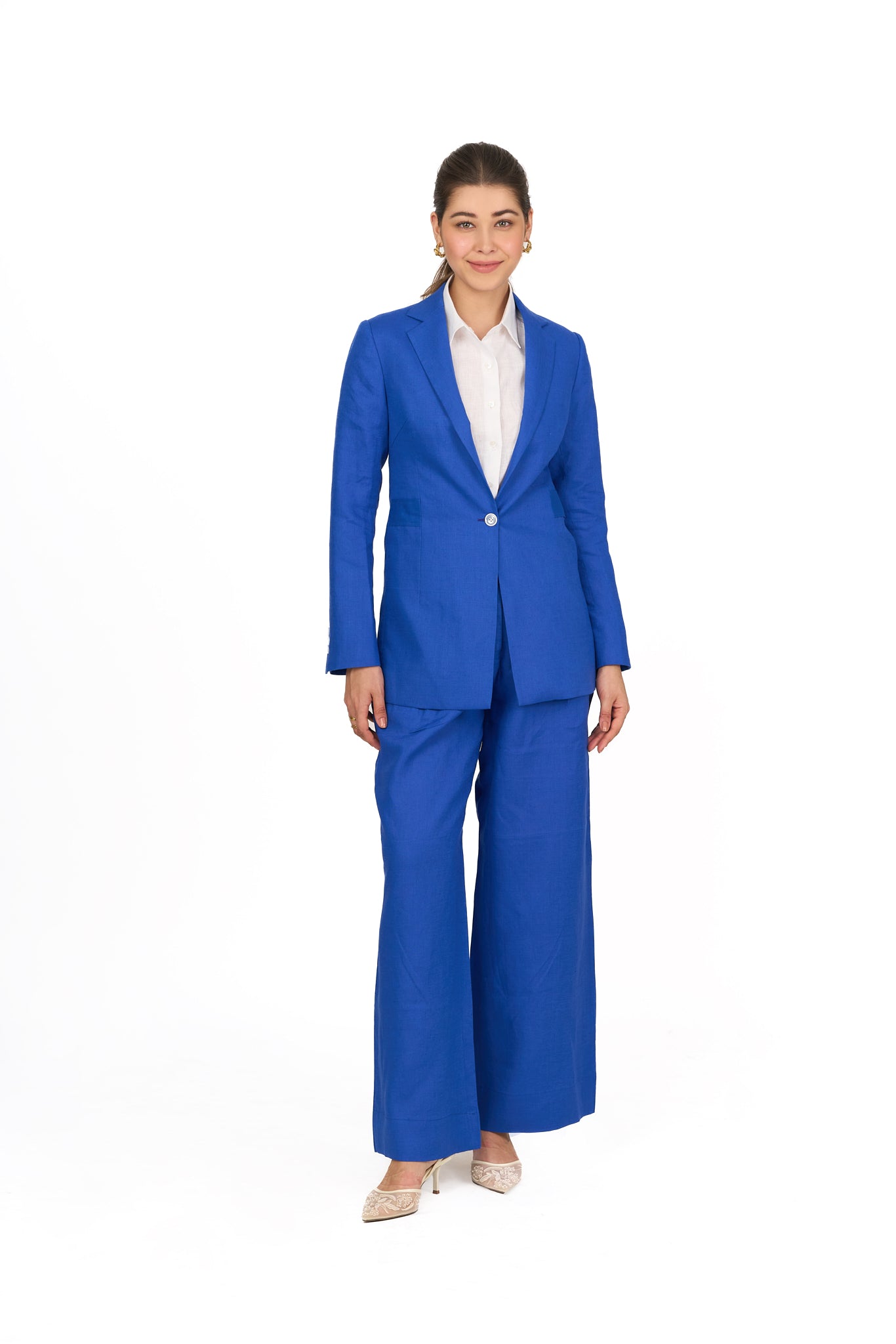 Cobalt Blue Notch Lapel Single Button Linen Blazer