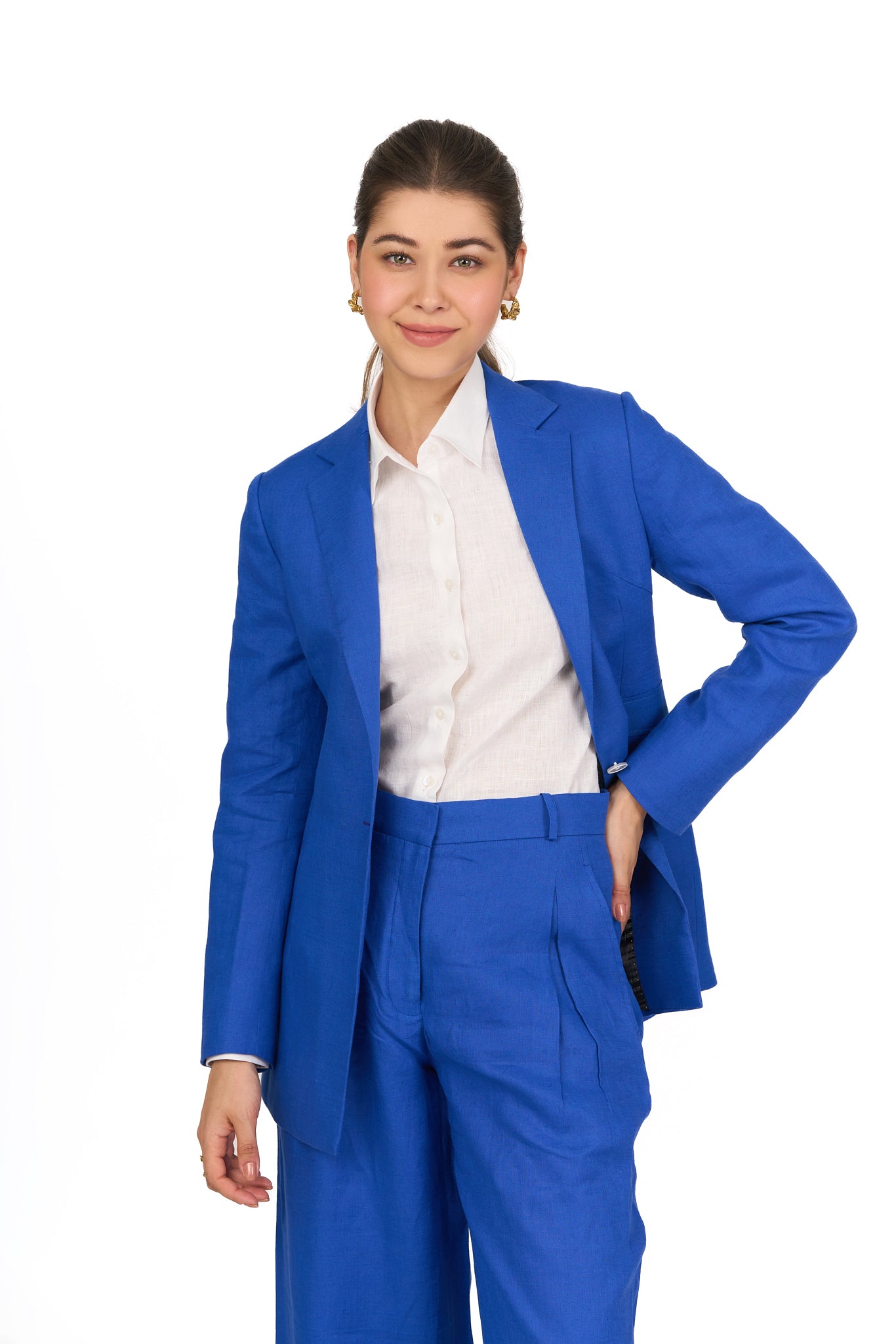 Cobalt Blue High Waisted Straight Linen Trousers