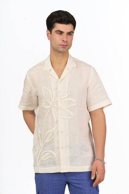 Ivory Linen Floral Appliqué Shirt