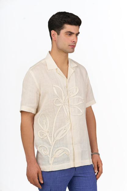 Ivory Linen Floral Appliqué Shirt