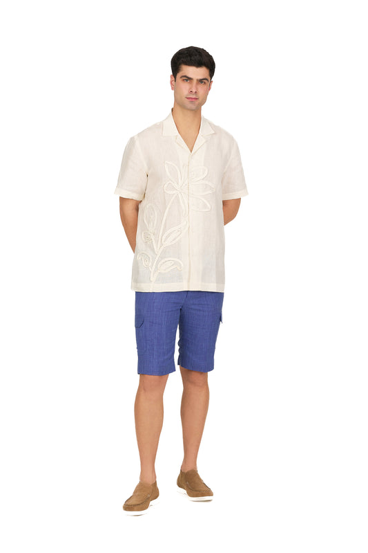 Ivory Linen Floral Appliqué Shirt