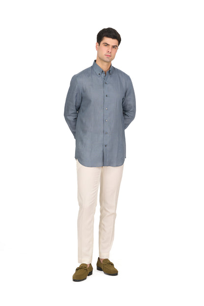 Steel Blue Linen Button Down Shirt