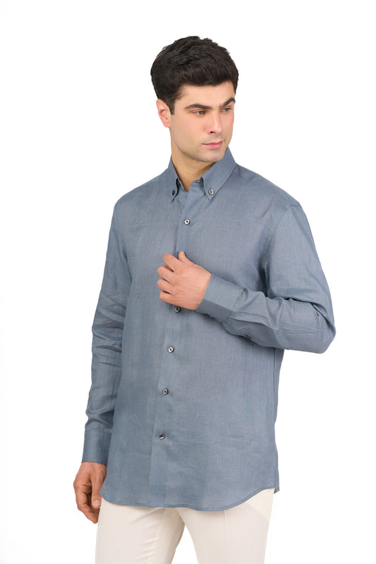 Steel Blue Linen Button Down Shirt
