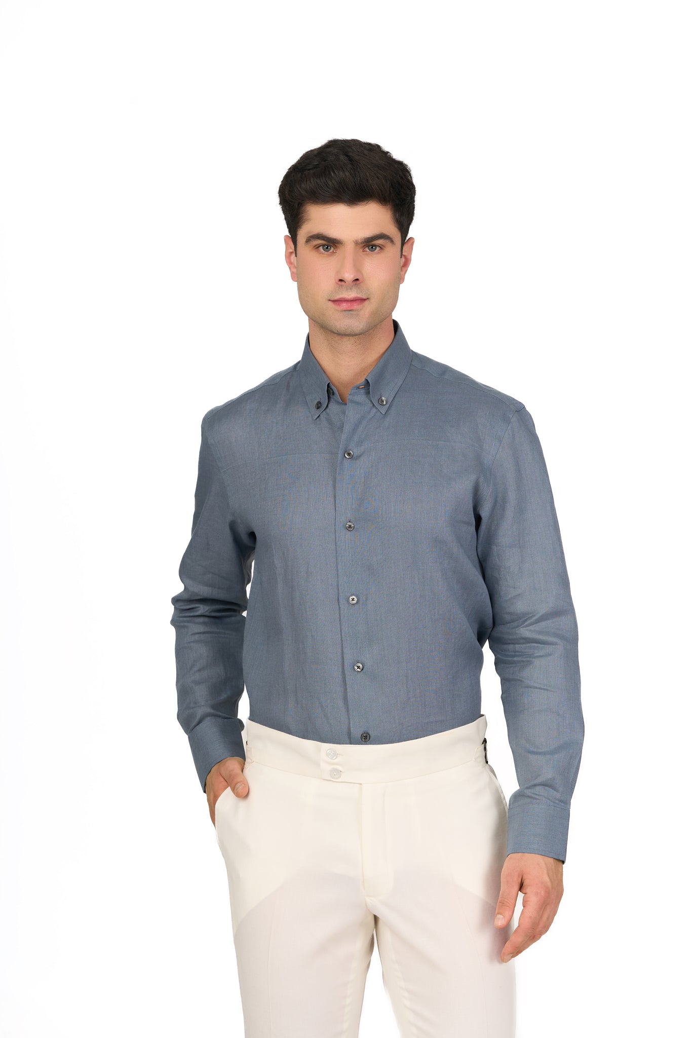 Steel Blue Linen Button Down Shirt