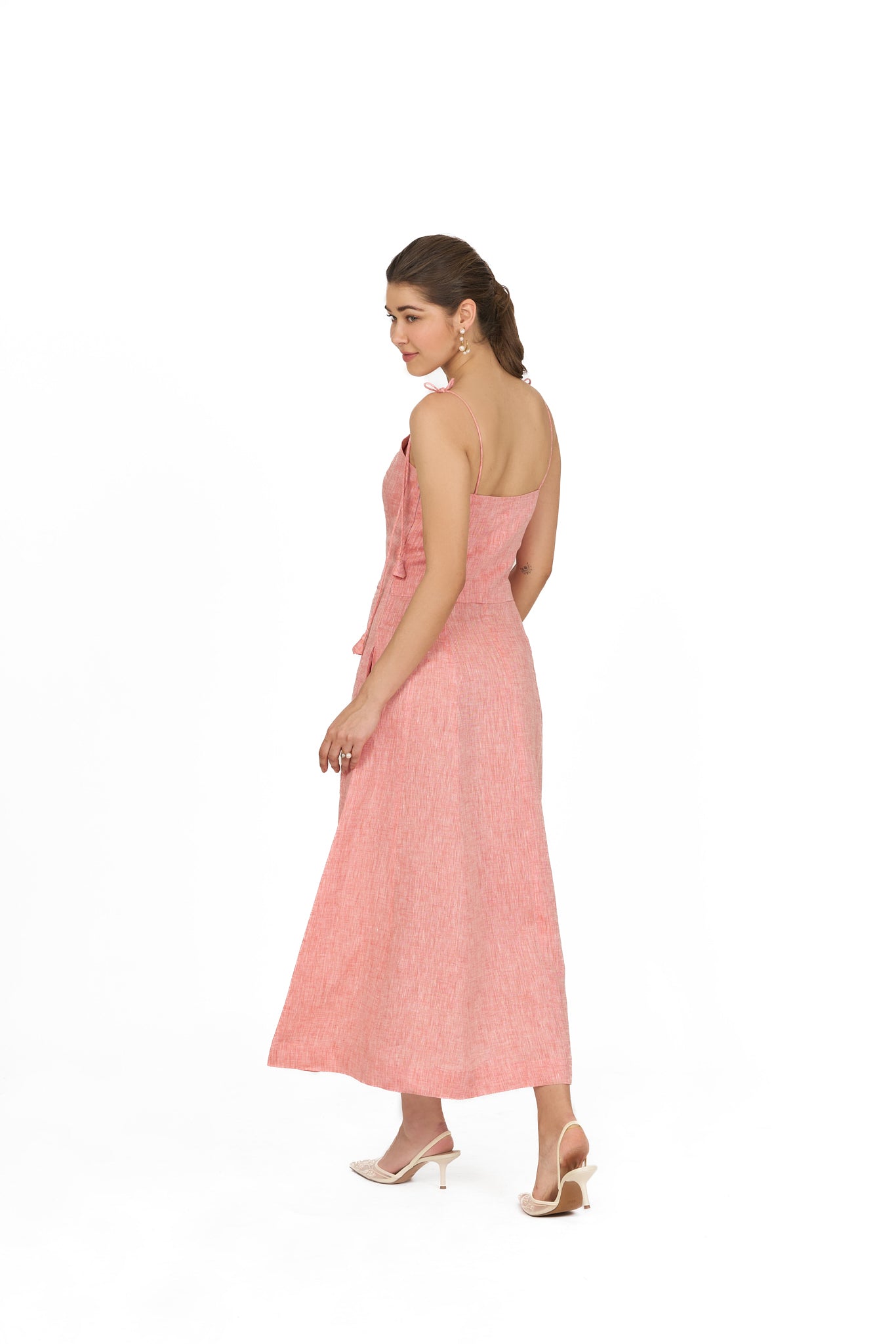 Blush Coral Tie Up Strap Linen Dress