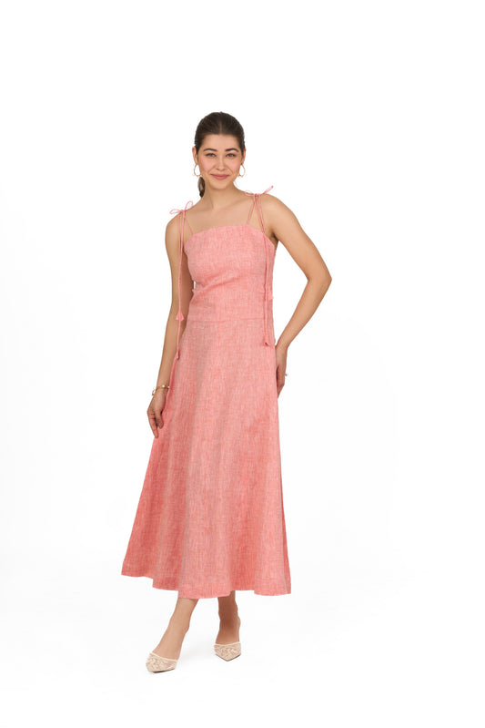 Blush Coral Tie Up Strap Linen Dress
