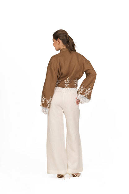 Caramel Brown Embroidered Linen Shirt