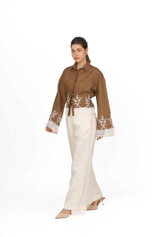 Caramel Brown Embroidered Linen Shirt
