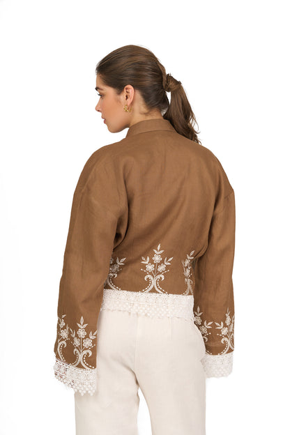 Caramel Brown Embroidered Linen Shirt