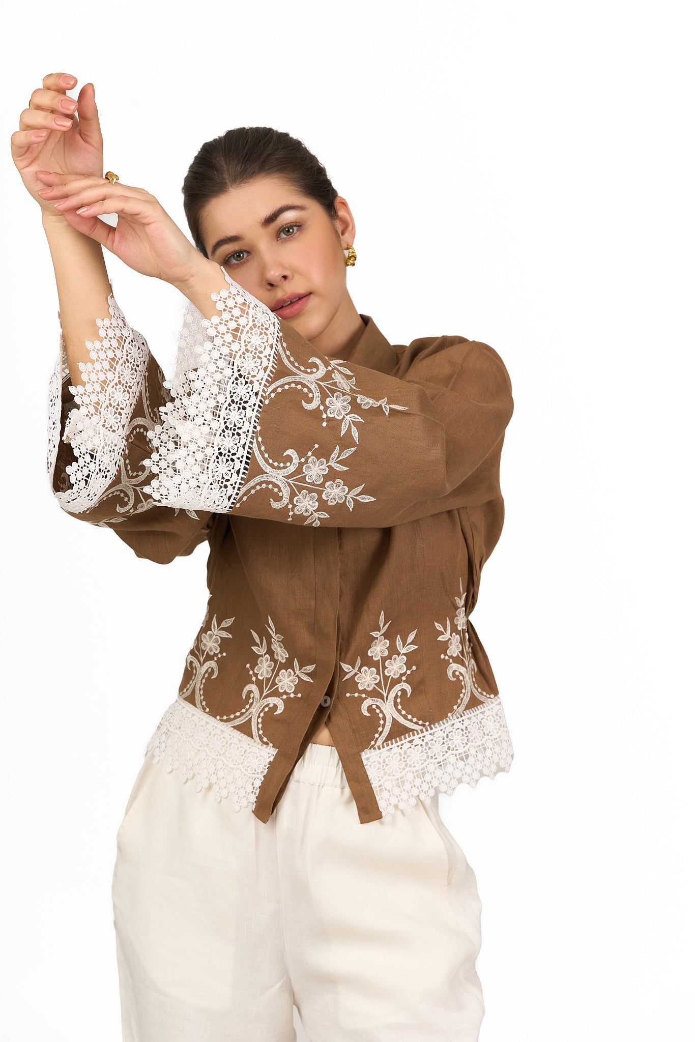 Caramel Brown Embroidered Linen Shirt