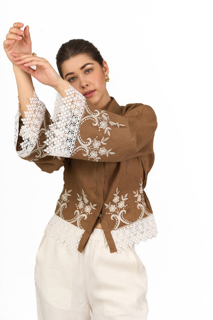 Caramel Brown Embroidered Linen Shirt