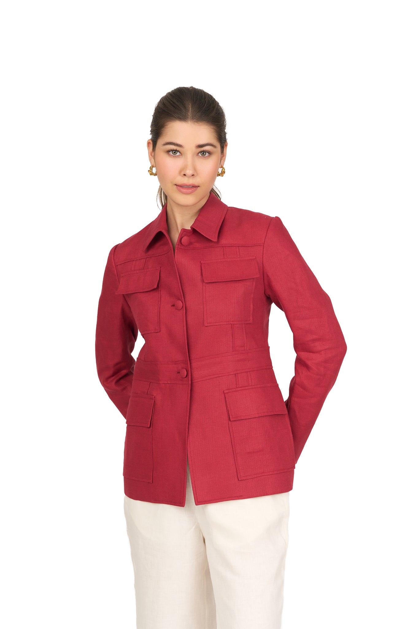 Crimson Red Linen Utility Jacket