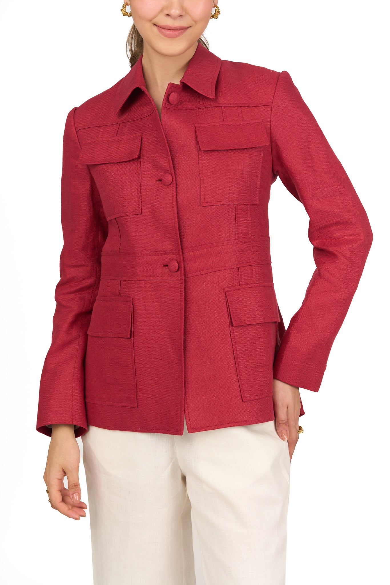 Crimson Red Linen Utility Jacket