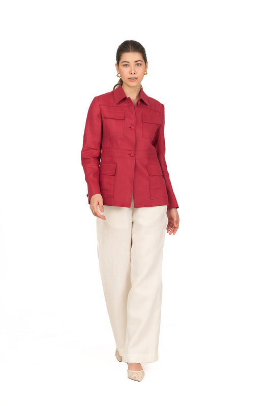 Crimson Red Linen Utility Jacket