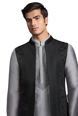 Light and Shadow Long bundi  (Black/Gray)