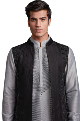 Light and Shadow Long bundi  (Black/Gray)