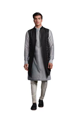 Light and Shadow Long bundi  (Black/Gray)
