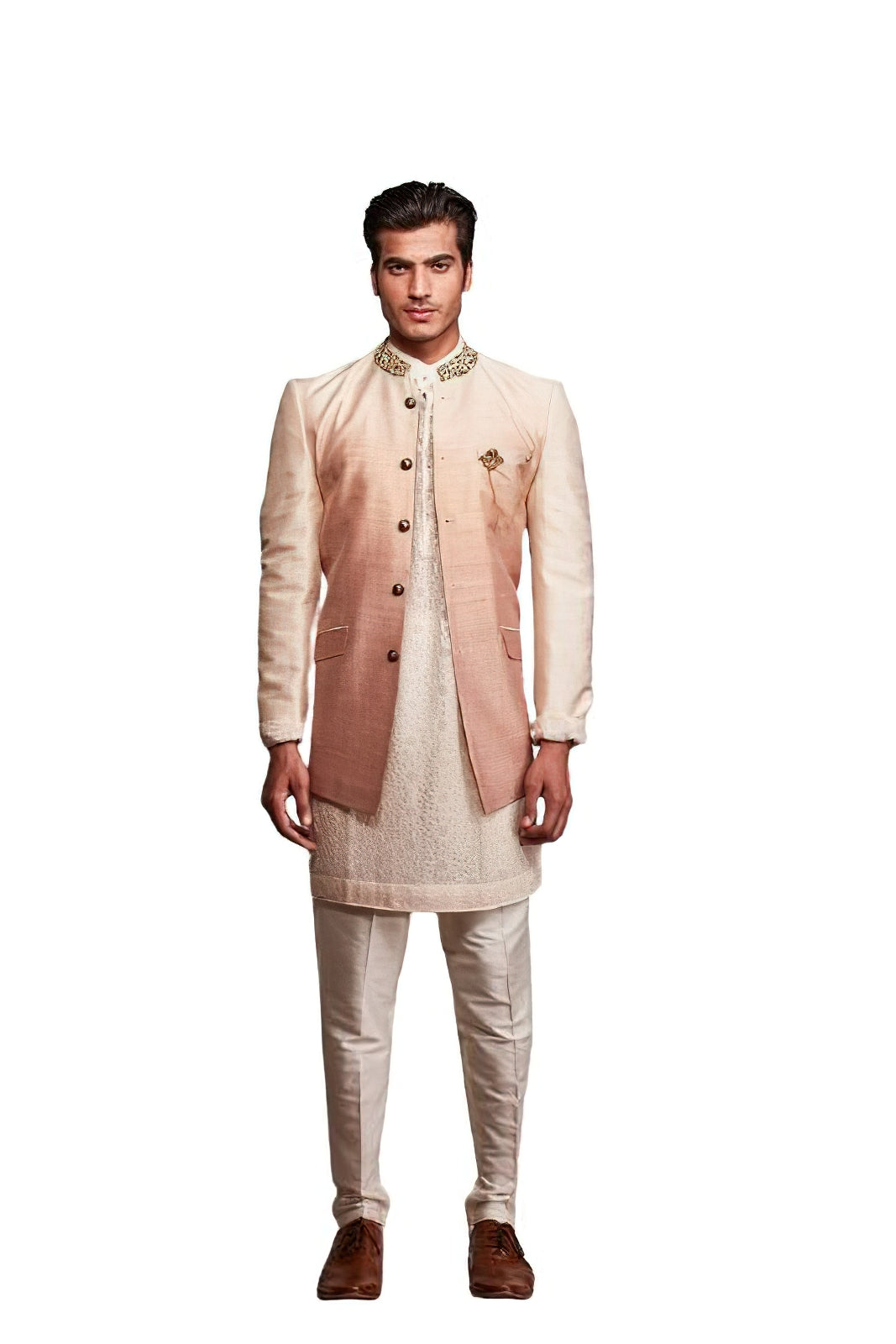 Ombre Embroidered Silk Shervani (creme_beige)