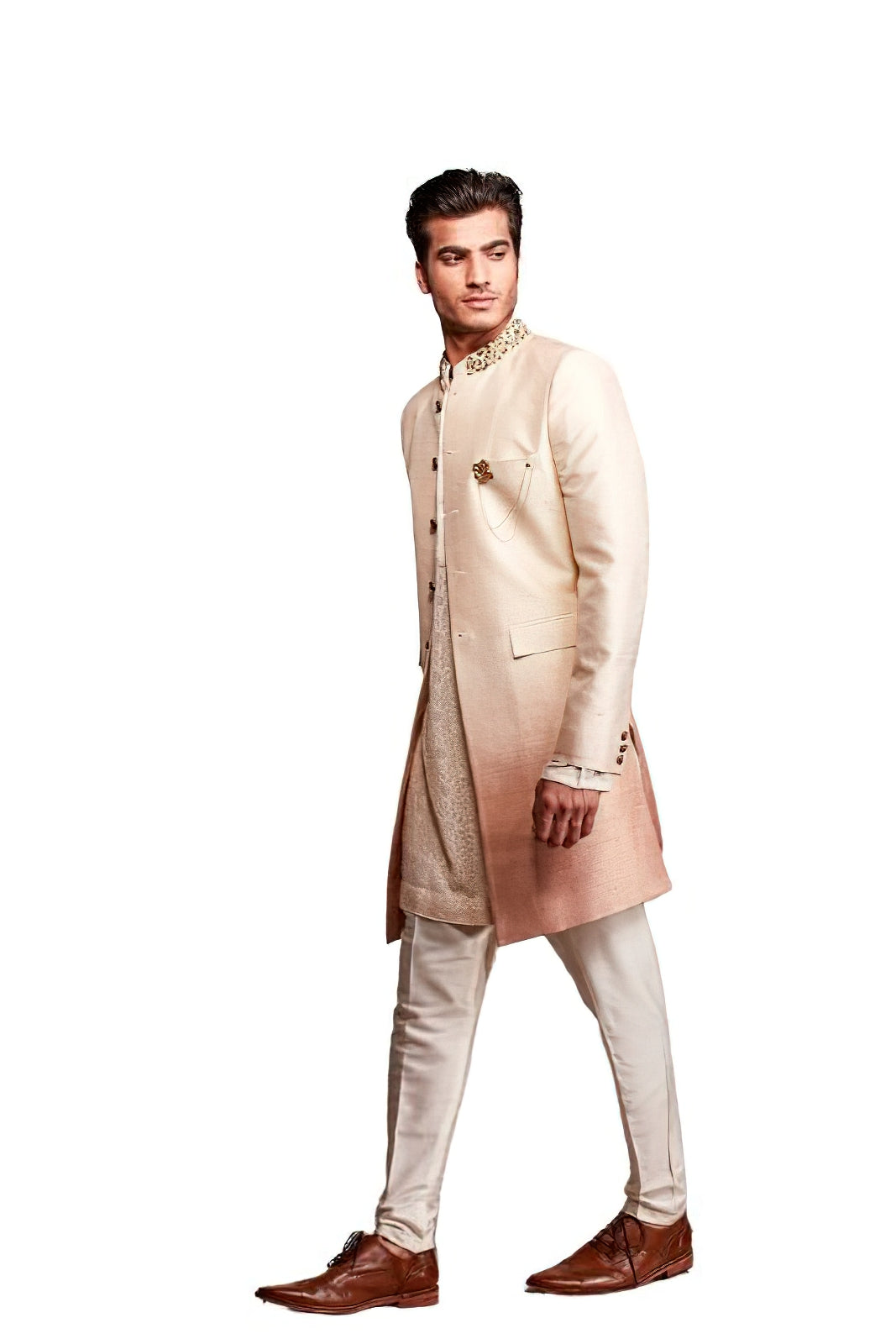 Ombre Embroidered Silk Shervani (creme_beige)